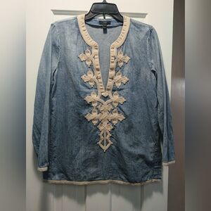 J. Crew Womens 6 Soutache Embroidered Blue Cotton Chambray Tunic Top Blouse